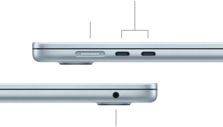 Vistas laterais do MacBook Air a mostrar as portas: MagSafe e duas portas Thunderbolt 4 no lado esquerdo e saída para auscultadores no lado direito