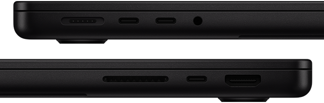 Portas do MacBook Pro: no lado esquerdo, MagSafe, duas portas Thunderbolt e saída para auscultadores; no lado direito, SDXC, uma porta Thunderbolt e porta HDMI