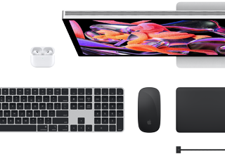 Acessórios para Mac: AirPods, Studio Display, Magic Keyboard, Magic Mouse, Magic Trackpad, Cabo de carregamento MagSafe em preto sideral
