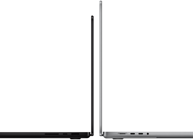 MacBook Pro de 14 e 16 polegadas de costas um para o outro, ilustrando a diferença de tamanho e salientando o perfil estreito