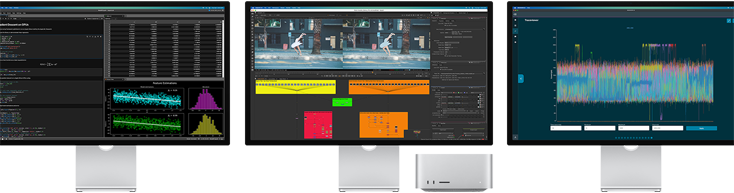 Mac Studio e três Studio Display, todos com diferentes apps para macOS no ecrã