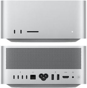 Vista frontal do Mac Studio com 2 portas USBC e ranhura para cartões SDXC, e vista traseira com 4 portas USB-C e 2 USB-A, porta Ethernet, ligação HDMI e saída para auscultadores