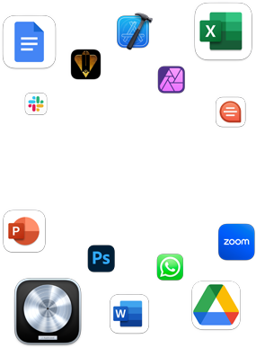 Conjunto colorido de ícones de apps para demonstrar a grande variedade de apps no macOS
