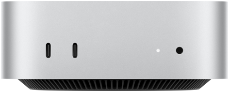 Vista frontal do Mac mini prateado com as seguintes portas frontais: duas portas USB-C e uma saída para auscultadores de 3,5 mm