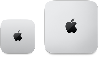 Vista de cima do Mac mini prateado de 2024 com logótipo Apple ao lado do Mac mini prateado de 2023 com logótipo Apple para mostrar a diferença de tamanho