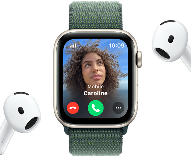 Apple Watch SE a receber uma chamada, junto a um par de AirPods