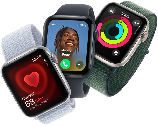 Monitorização da frequência cardíaca, chamada recebida e anéis de atividade em três dispositivos Apple Watch