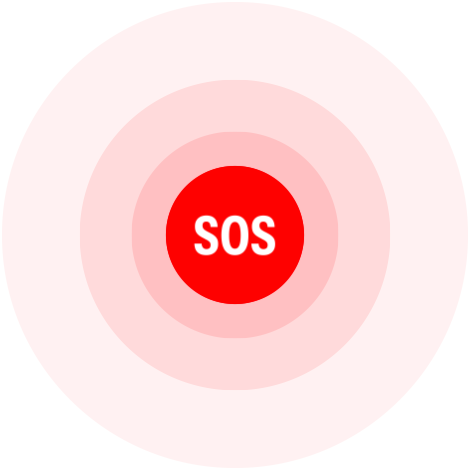 Círculo vermelho com a palavra SOS, que representa a funcionalidade SOS emergência
