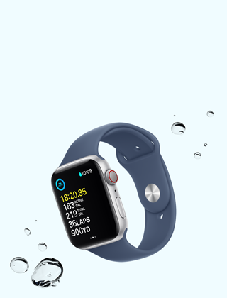 Ecrã com treino de Natação no Apple Watch SE, rodeado por gotas de água