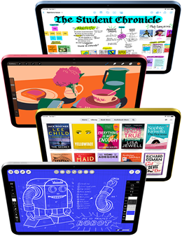 Vista frontal de ecrãs de iPad a mostrar várias apps da Apple e da App Store.