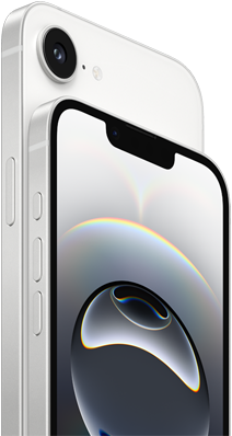 Vista lateral do iPhone 16e em branco, com botão Ação, botões de volume e câmara Fusion na parte de trás